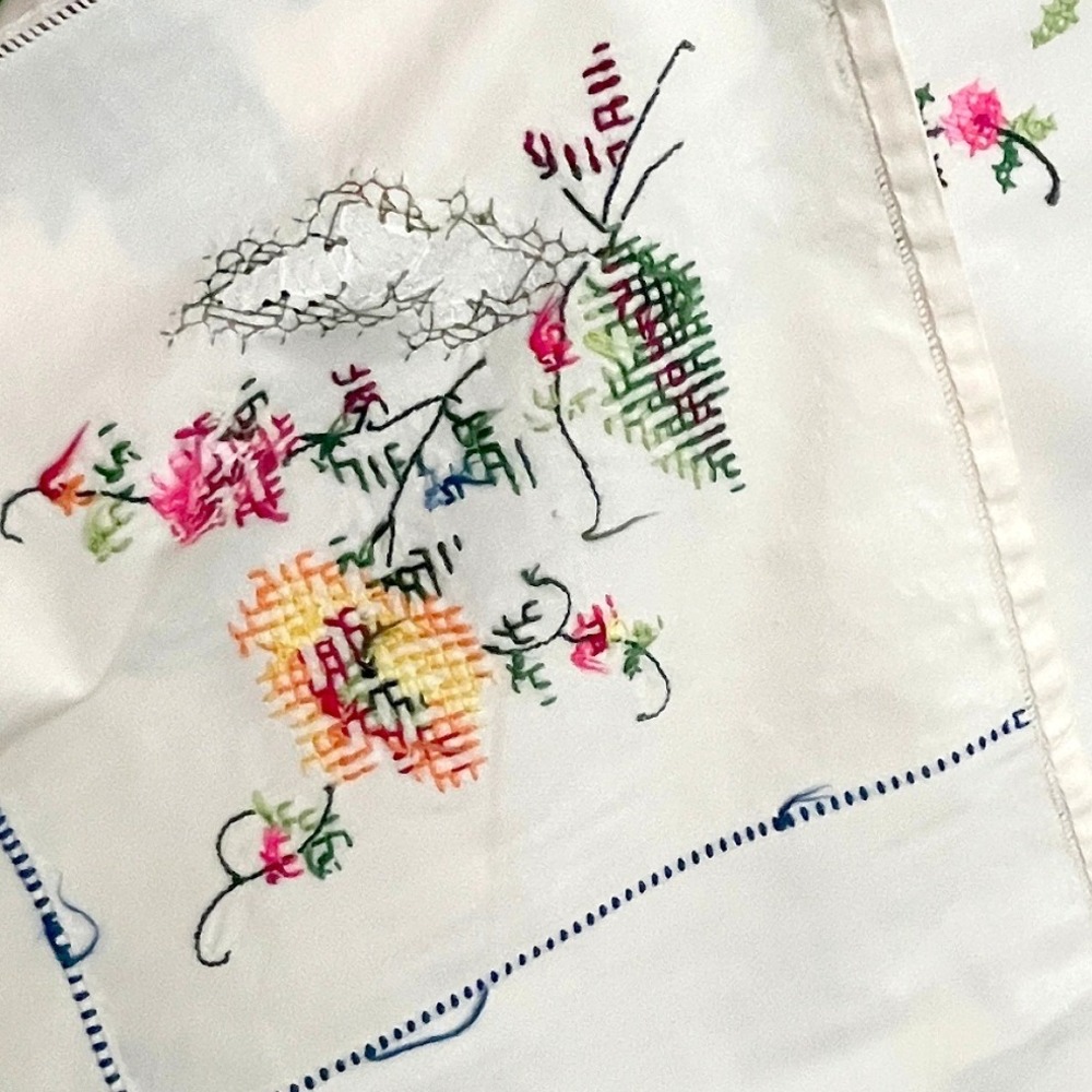 Vintage Hand Embroidered Cross Stitch Floral Tablecloth White Square 48x50 - Picture 6 of 10